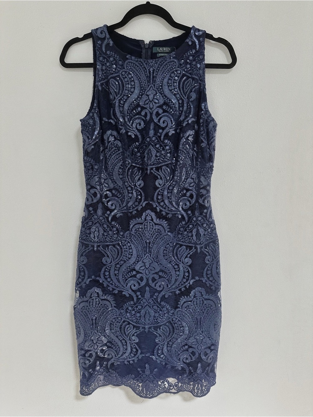 Lauren Ralph Lauren Evening Navy Blue Sequin Lace Sheath Dress size 4 Cocktail